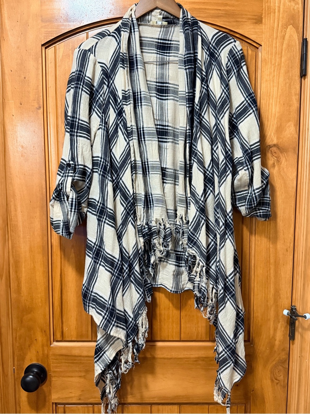 Kori America Tan & Black Plaid Open Front Fringe Cardigan - Medium